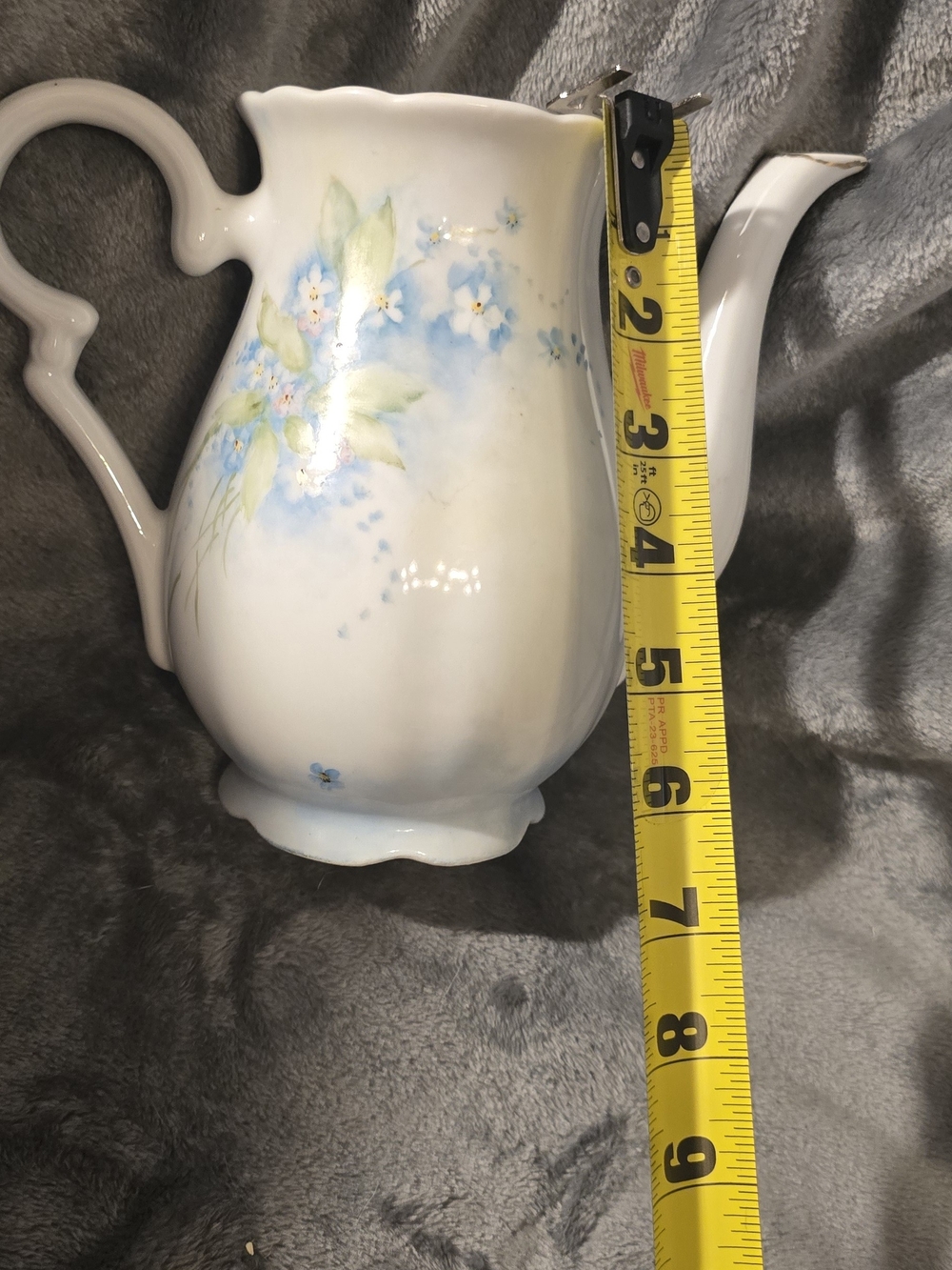 Hand-Painted Floral Porcelain Pitcher in Soft Blue